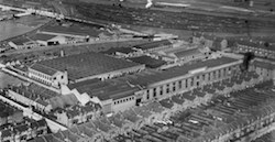 Aerial view of the windowed film studio offices and stages, with the low warehouses of Smiths clock factory beyond (from Britain from Above website)