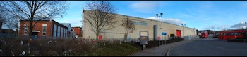 Panoramic view of the proximity of the studio and the Tesco car park, February 2009