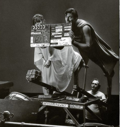 Margot Kidder and Christopher Reeve in flying rig