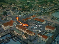 Still from the DVD of The Birds, showing the sequence using the matte painting above. - Click to enlarge Still from the DVD of The Birds, showing the sequence using the matte painting above.