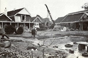 The exterior of studio buildings and the village green and pond under construction in early 1979. Photo from American Cinematographer.