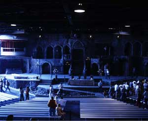 The Castle Dracula set, lit by daylight from outside the theatre, 1980. Photo copyright Janek Kaliczak. Click to enlarge The Castle Dracula set, lit by daylight from outside the theatre, 1980. Photo copyright Janek Kaliczak.
