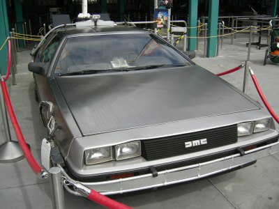 Back to the Future The Ride logo Delorean outside the attraction April 