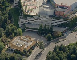 Aerial view of Fung Lum Restaurant and the Frankenstein parking structure, 2007 (from Windows Live Local)