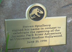 Steven Spielberg signed his name in cement to celebrate the opening of the Jurassic Park River Adventure at Universal Studios Hollywood. June 21, 1996 - Click to enlarge Steven Spielberg signed his name in cement to celebrate the opening of the Jurassic Park River Adventure at Universal Studios Hollywood. June 21, 1996