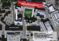 Aerial photo of the Courthouse Square area showing the area affected by the fire (originally from Google Earth)