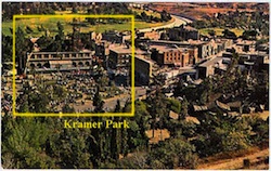 1 - Kramer Park (yellow box) shown in an overview of the backlot, from Inside Universal Studios (approx 1966) (scan courtesy universalstonecutter) - click to enlarge 1 - Kramer Park (yellow box) shown in an overview of the backlot, from Inside Universal Studios (approx 1966) (scan courtesy universalstonecutter)