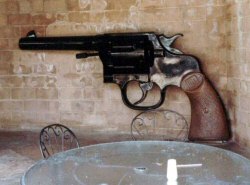 Giant gun and hair pins (photo by Robert Napton, 1979)- click to enlarge Giant gun and hair pins (photo by Robert Napton, 1979)