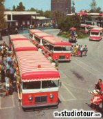 'Candy-striped GlamorTrams waiting to begin their exciting trip through Universal's wonderland' (from Inside Universal Studios, 1968)