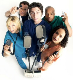 Promotional photo for Scrubs featuring Sarah Chalke, John C McGinley, Zach Braff, Donald Faison, Judy Reyes.