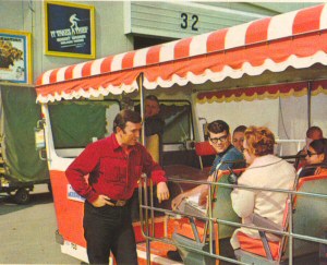 James Drury, The Virginian, chats to visitors on the GlamorTram. From Inside Universal Studios, 1971