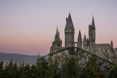 Hogwarts castle, with a view of Flight of the Hippogriff, Universal Studios Hollywood’s first outdoor roller coaster