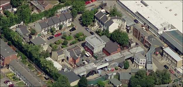 The Eastenders exterior sets with studio buildings beyond - Aerial photo from Windows Live Local